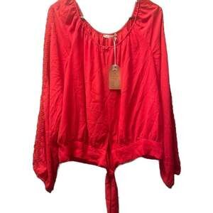 Umgee Red Crop Blouse Bell Sleeve Crochet Lace Boat Neck